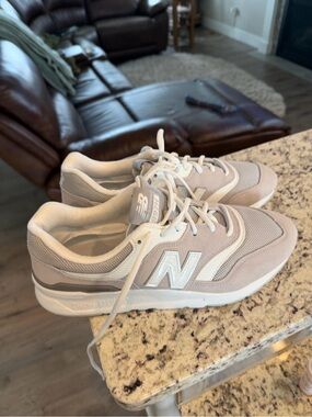 New Balance Beige and White Suede Mesh Sneakers